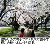 写真：懐かしの大町小学校（現大町西小学校）の桜並木に佇む両親