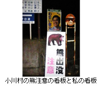 写真：小川村の熊注意の看板と私の看板