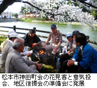 写真：松本市神田町会の花見客と意気投合、地区後援会の準備会に発展