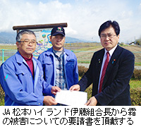 写真：JA松本ハイランド伊藤組合長から霜の被害についての要請書を頂戴する