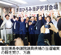 写真：吉田博美参議院議員候補の当選確実の報を受け、万歳