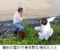 写真：増水の犀川で魚を取る地元の人と