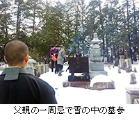 写真：父親の一周忌で雪の中の墓参
