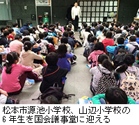 写真：松本市源池小学校、山辺小学校の6年生を国会議事堂に迎える