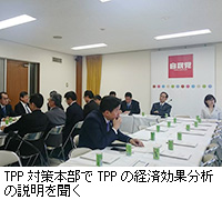 写真：TPP対策本部でTPPの経済効果分析の説明を聞く