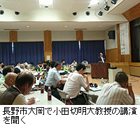 写真：長野市大岡で小田切明大教授の講演を聞く